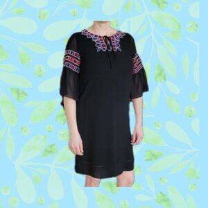 🍄50% Black Embroided Ruffled 3/4 Sleeves Straight Dress